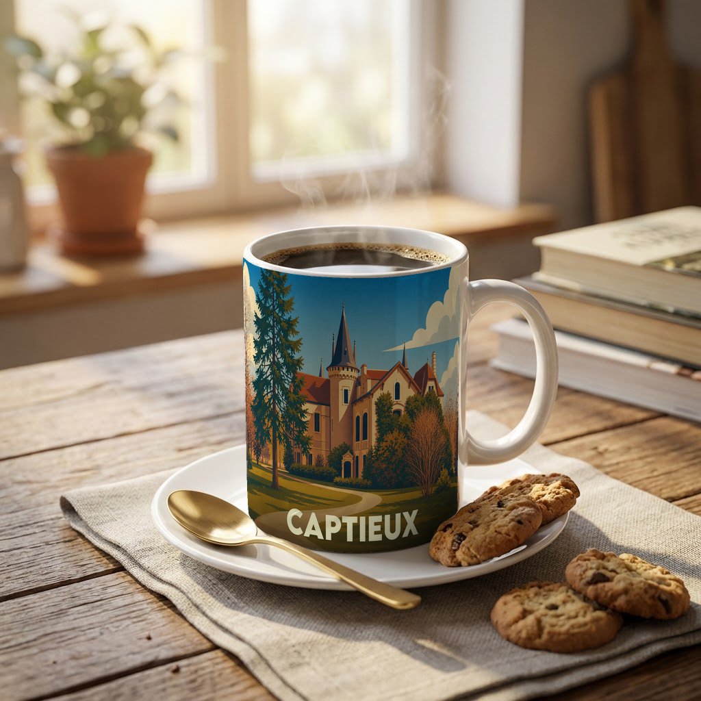 Mug souvenir de la ville de Captieux avec une illustration stylisée représentant un château.