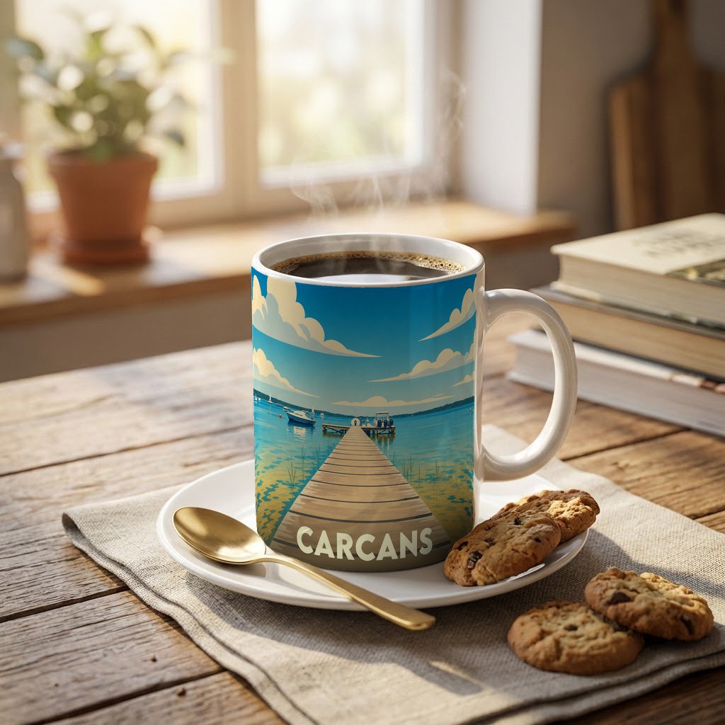 Mug souvenir de la ville de Carcans avec une illustration stylisée d'un ponton sur le lac.