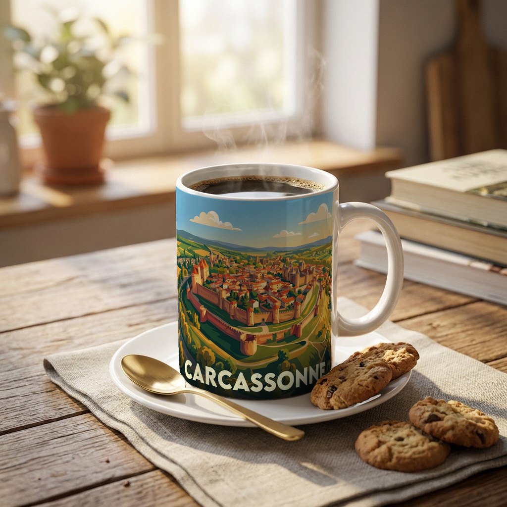Mug souvenir de la ville de Carcassonne avec une illustration stylisée de sa cité médiévale.