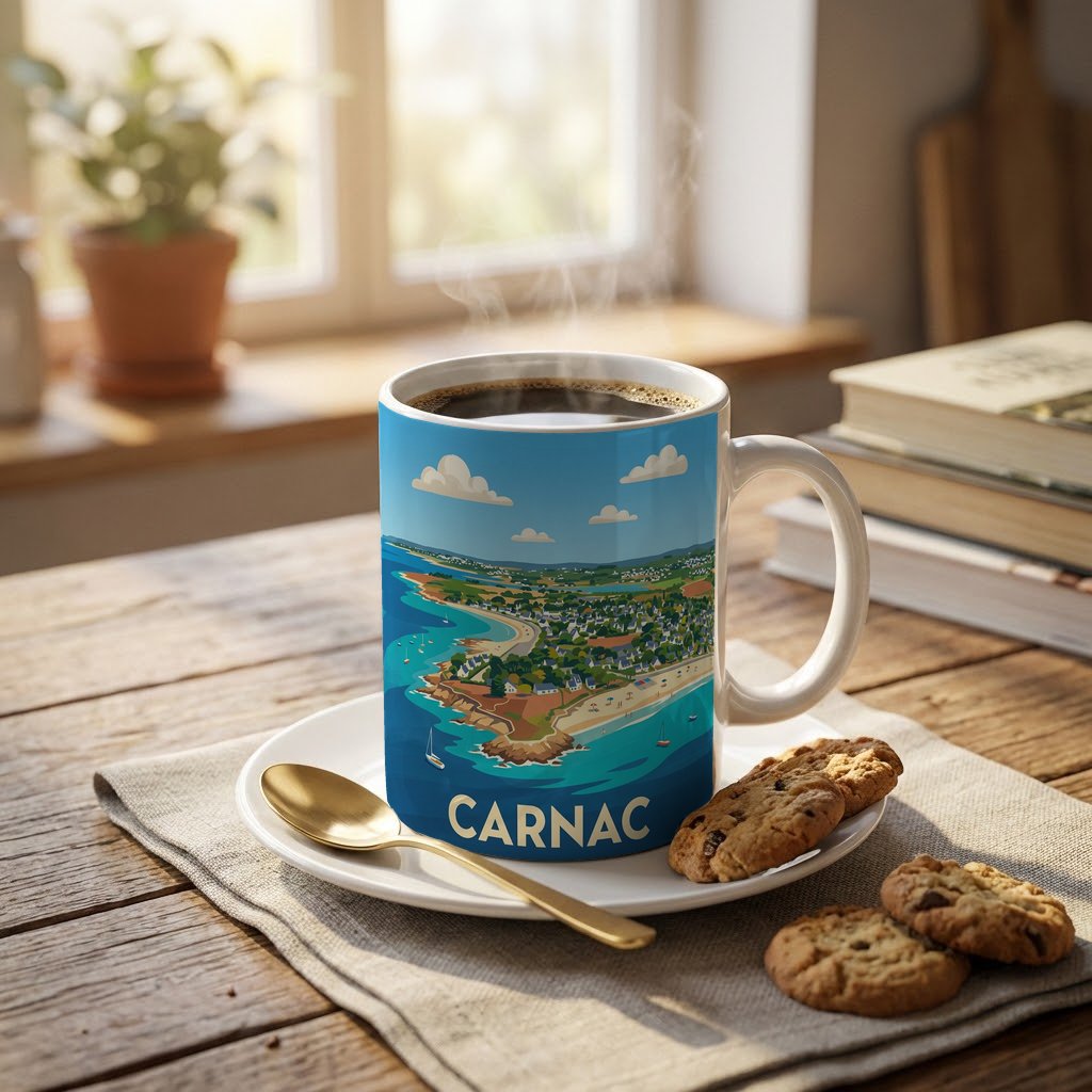 Mug souvenir de la ville de Carnac avec une illustration stylisée de son bord de mer.