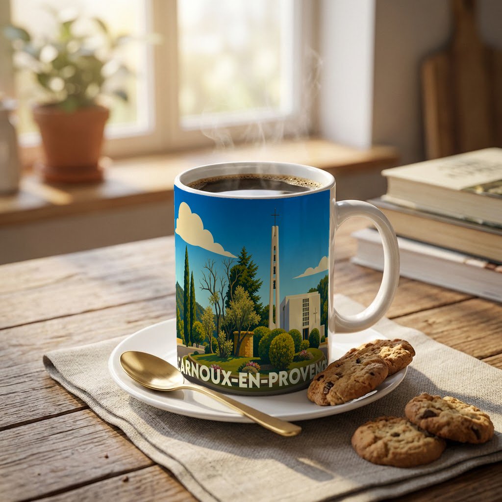Mug souvenir de la ville de Carnoux-en-Provence avec une illustration stylisée.