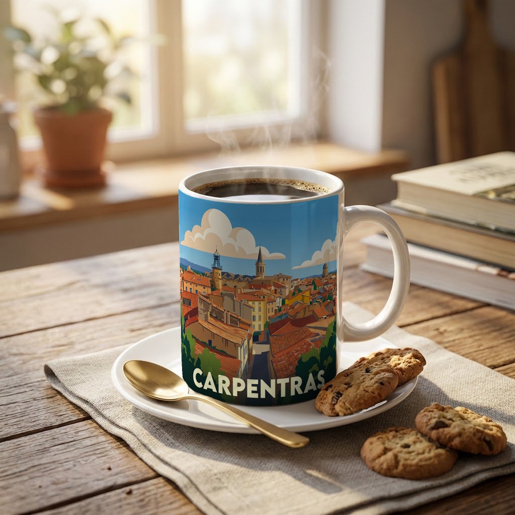 Mug souvenir de la ville de Carpentras avec une illustration stylisée.