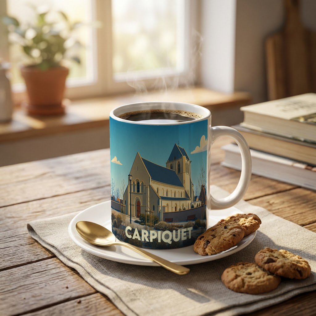 Mug souvenir de la ville de Carpiquet avec une illustration stylisée d'une église.