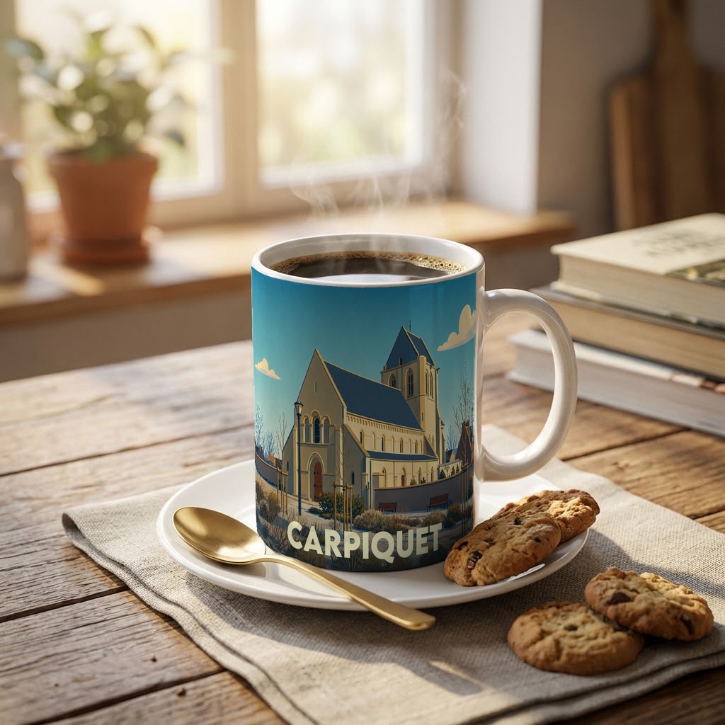Mug souvenir de la ville de Carpiquet avec une illustration stylisée d'une église.