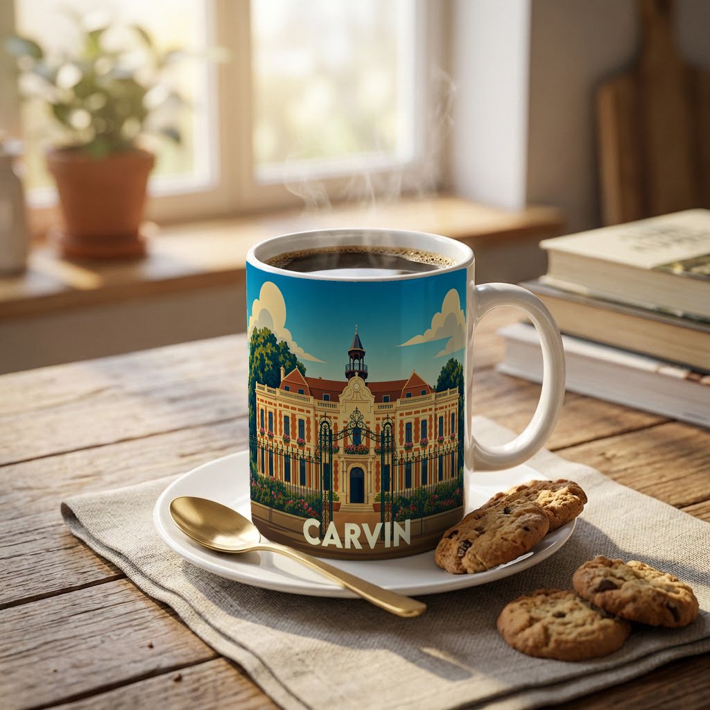 Mug souvenir de la ville de Carvin avec une illustration stylisée de l'hôtel de ville.