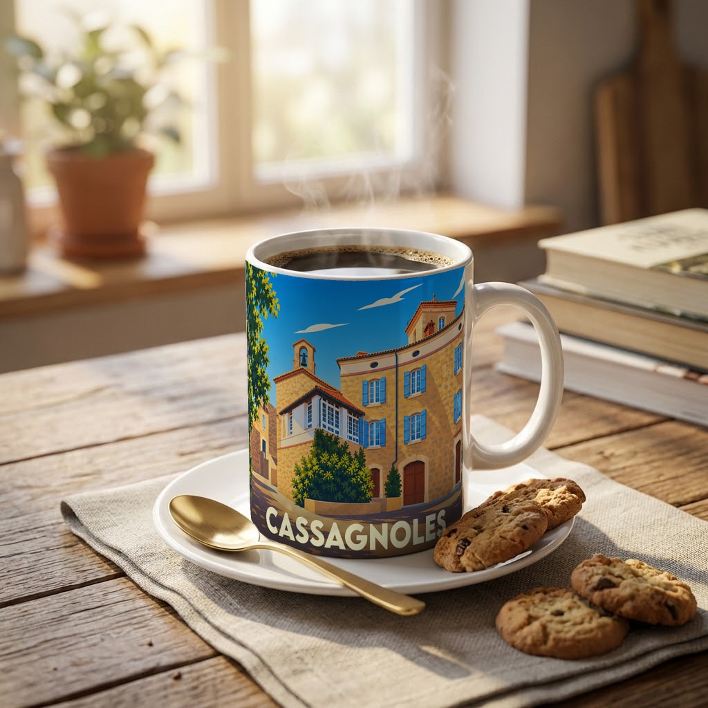 Mug souvenir de la ville de Cassagnoles orné d'une illustration stylisée de ses bâtiments provençaux.