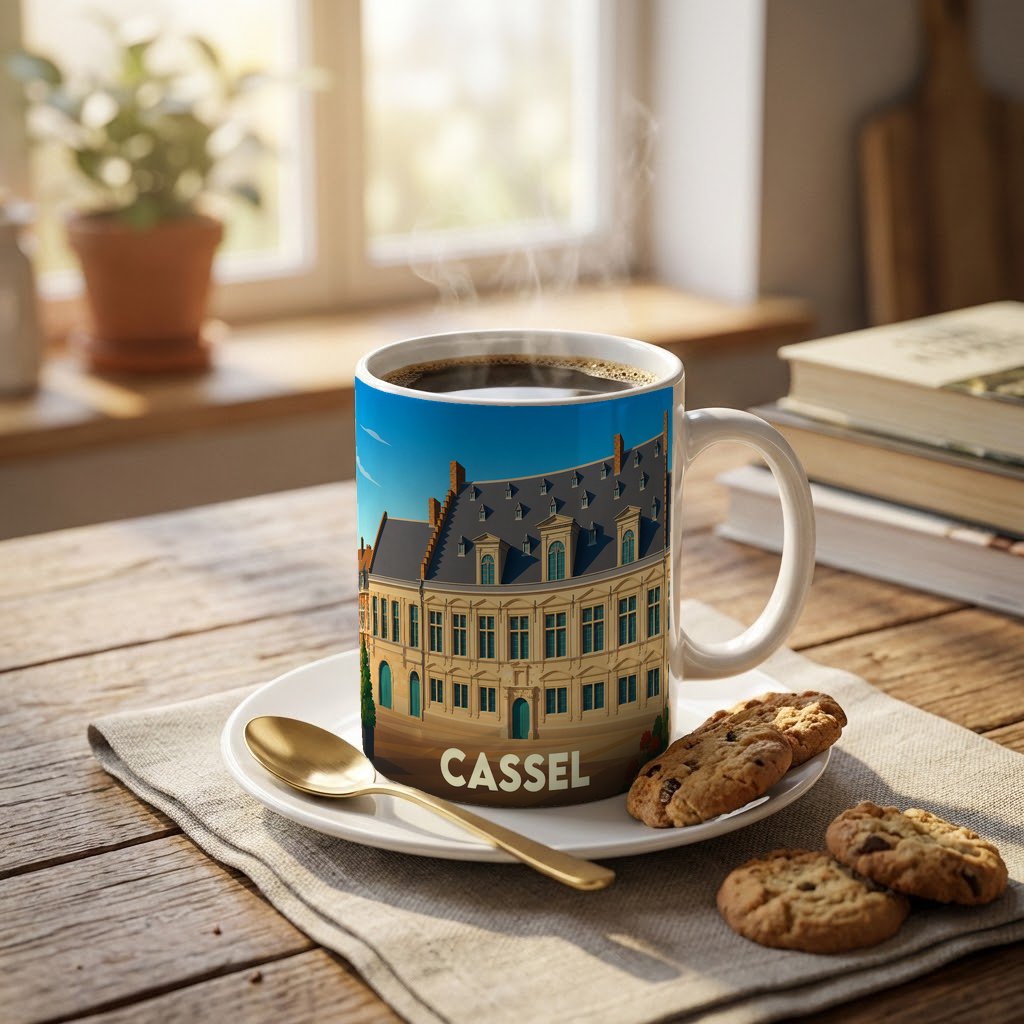 Mug souvenir de la ville de Cassel avec une illustration stylisée d'un bâtiment historique.
