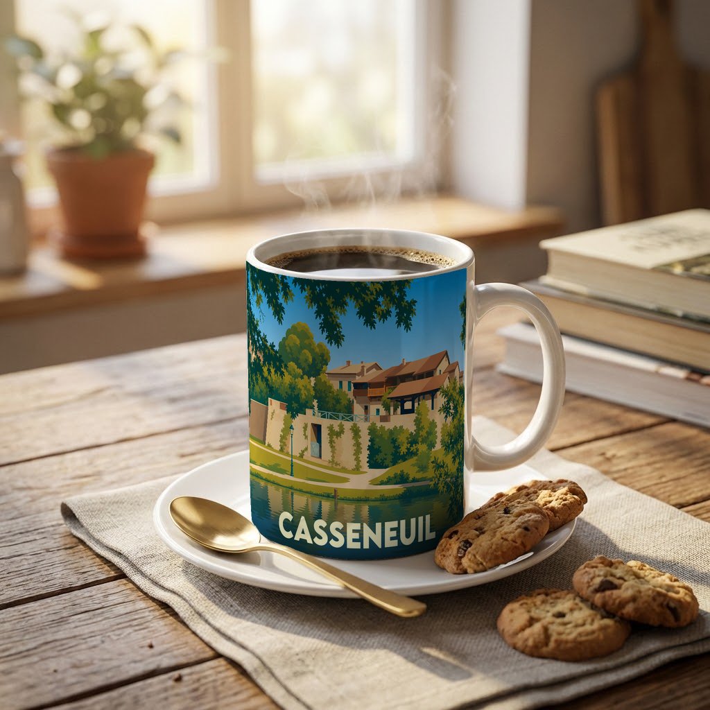 Mug souvenir de la ville de Casseneuil avec une illustration stylisée.