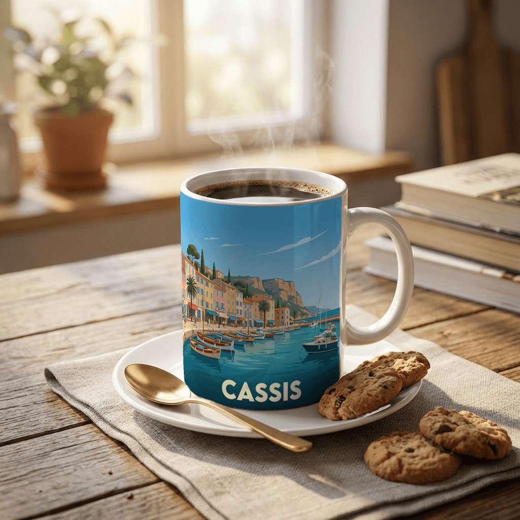 Mug souvenir de la ville de Cassis avec une illustration stylisée de son port.