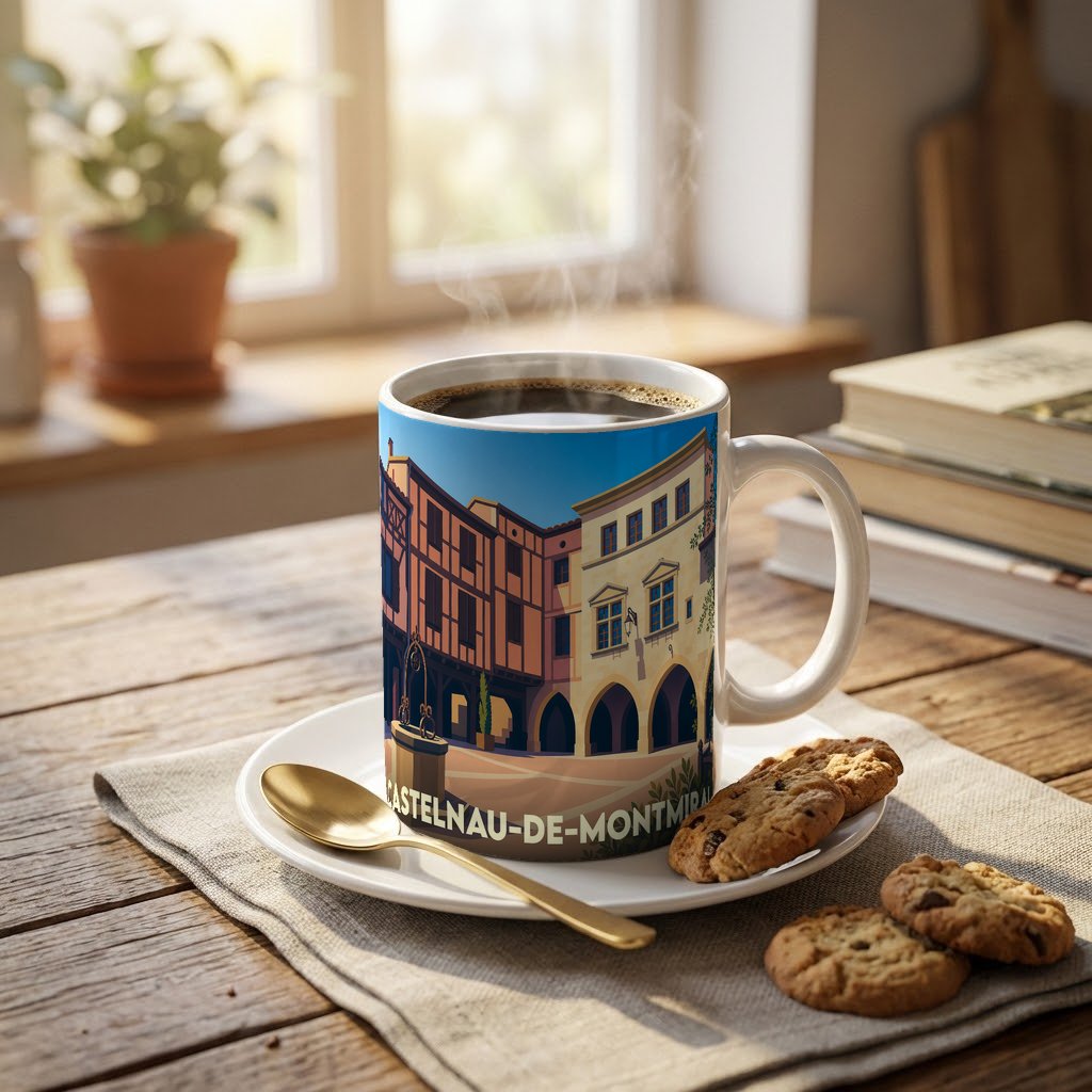 Mug souvenir de la ville de Castelnau-de-Montmiral orné d'une illustration stylisée de ses arcades médiévales.
