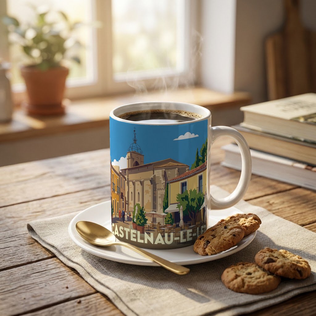 Mug souvenir de la ville de Castelnau-le-Lez avec une illustration stylisée.