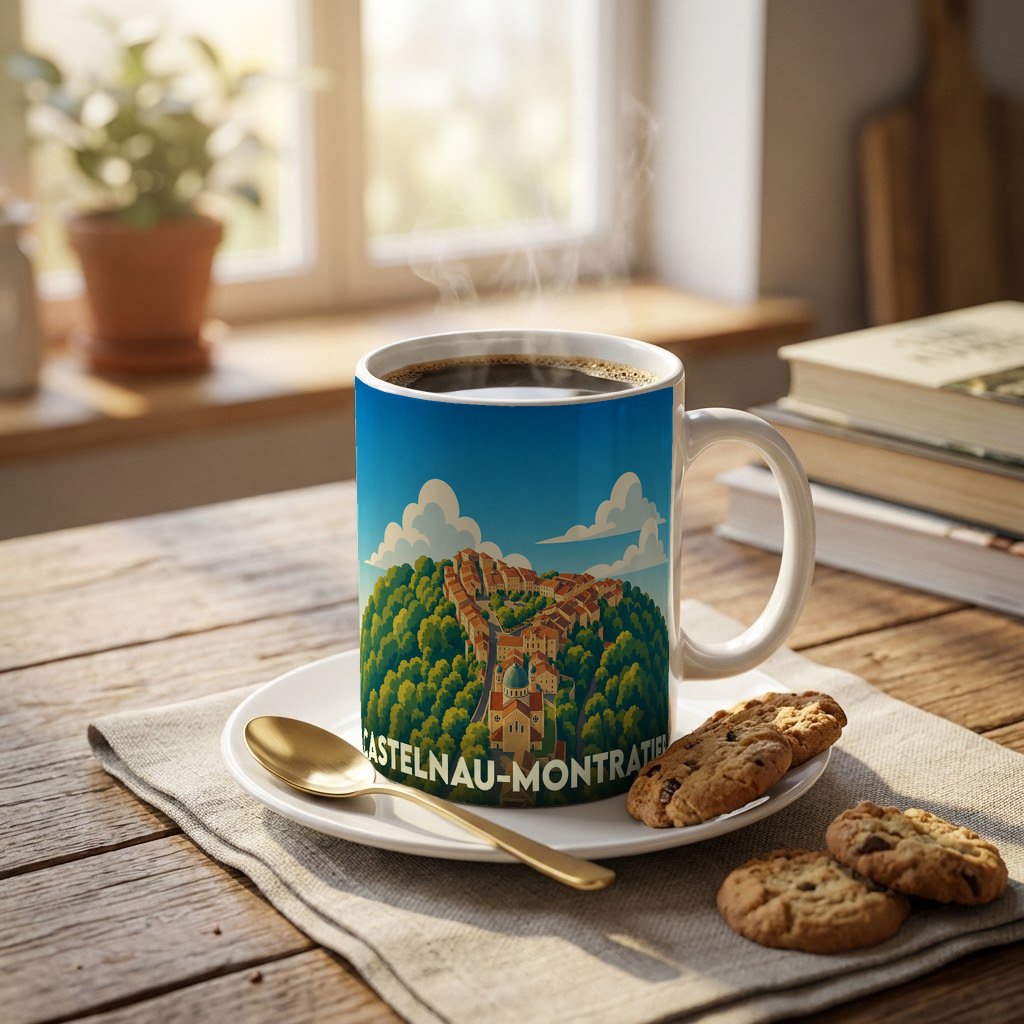 Mug souvenir de la ville de Castelnau-Montratier avec une illustration stylisée d'un village perché.