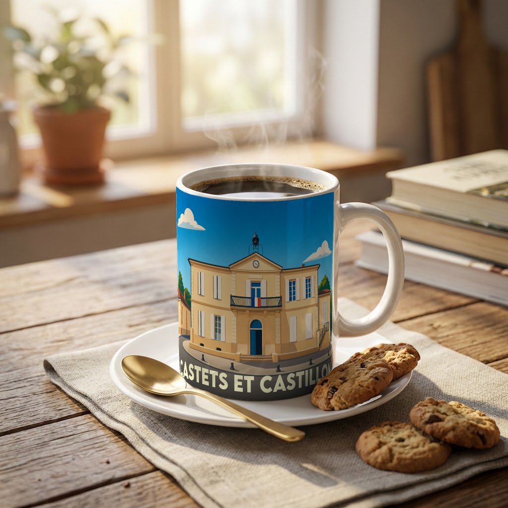 Mug souvenir de la ville de Castets et Castillon avec une illustration stylisée de sa mairie.