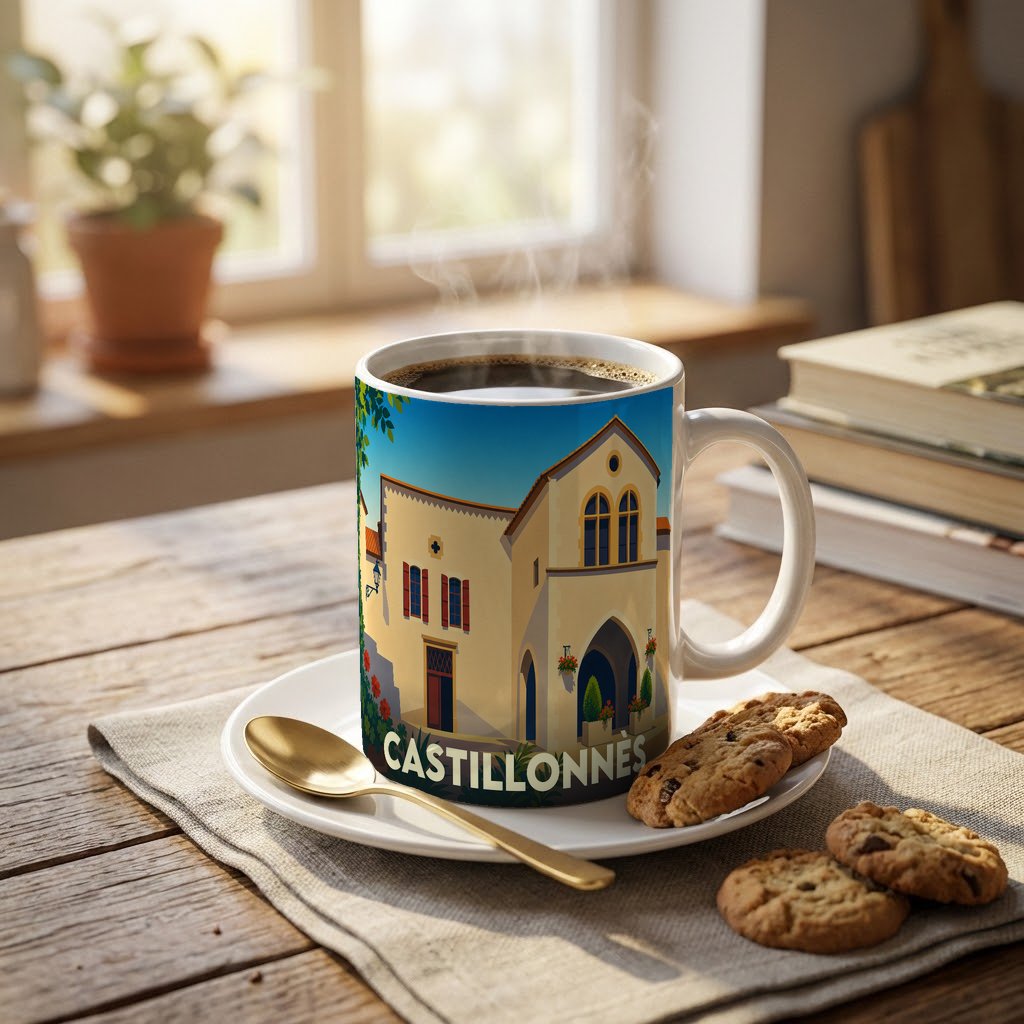 Mug souvenir de la ville de Castillonnès orné d'une illustration stylisée de son architecture locale.