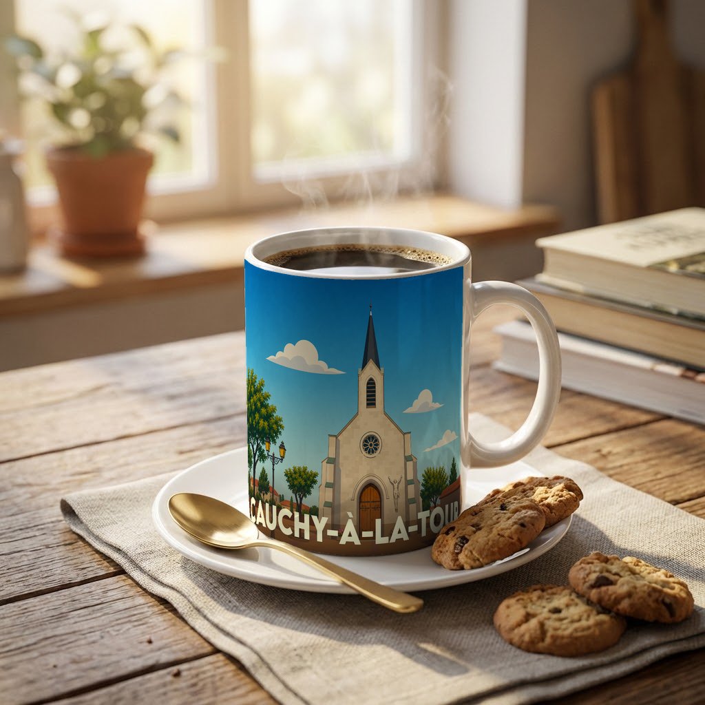 Mug souvenir de la ville de Cauchy-à-la-Tour orné d'une illustration stylisée de son église.