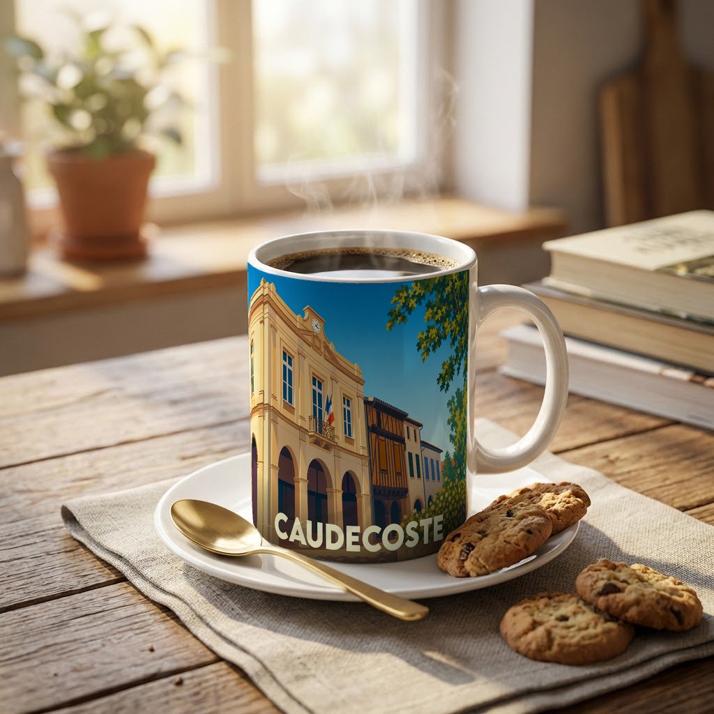 Mug souvenir de la ville de Caudecoste orné d'une illustration stylisée de sa mairie.