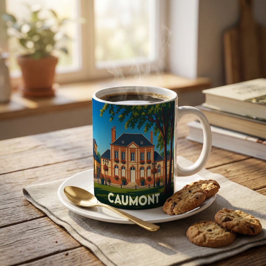 Mug souvenir de la ville de Caumont illustré d'une demeure bourgeoise stylisée sur une table en bois.