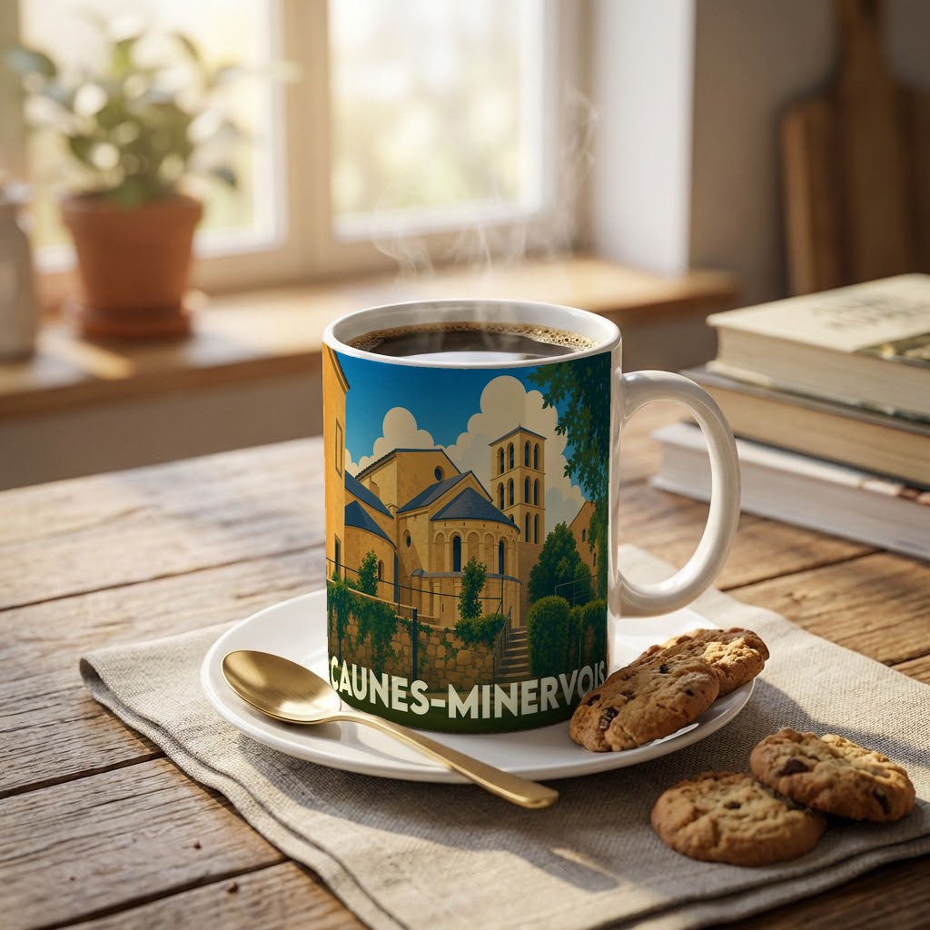Mug souvenir de la ville de Caunes-Minervois orné d'une illustration stylisée de son abbaye médiévale.