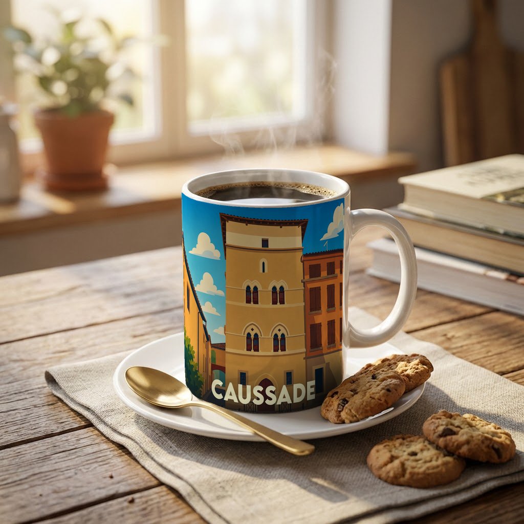 Mug souvenir de la ville de Caussade avec une illustration stylisée d'un bâtiment historique.