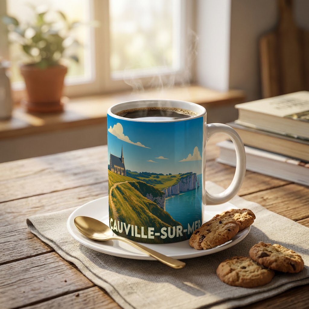 Mug souvenir de la ville de Cauville-sur-Mer orné d'une illustration stylisée de ses falaises.