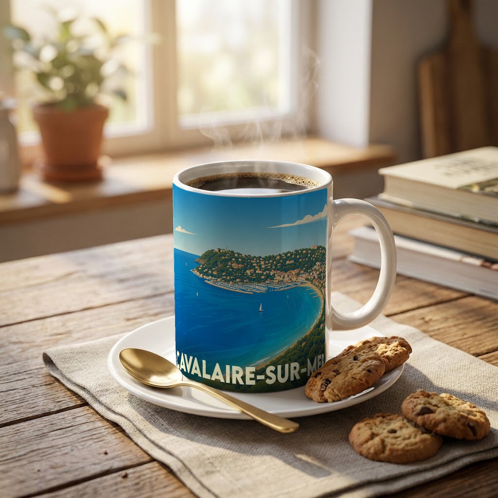 Mug souvenir de la ville de Cavalaire-sur-Mer orné d'une illustration maritime panoramique.
