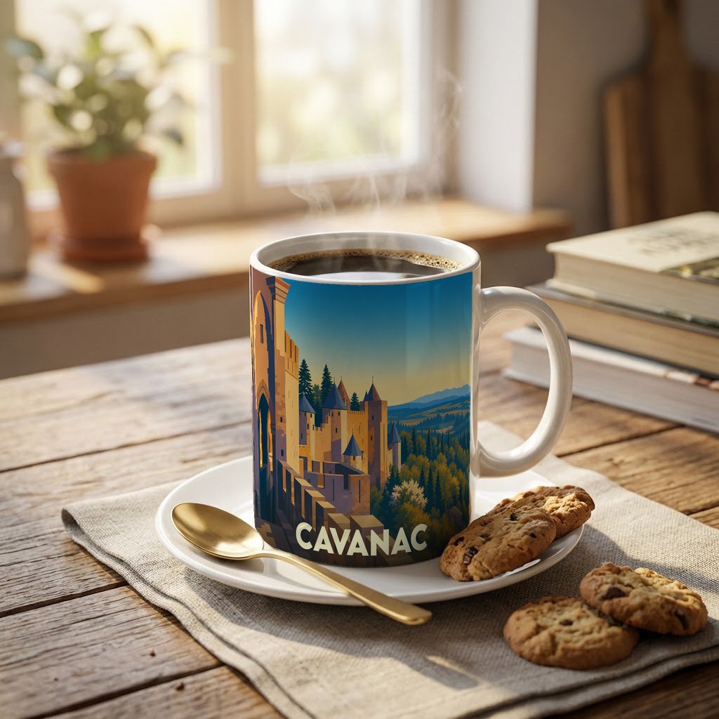 Mug souvenir de la ville de Cavanac avec une illustration stylisée d'un château médiéval.