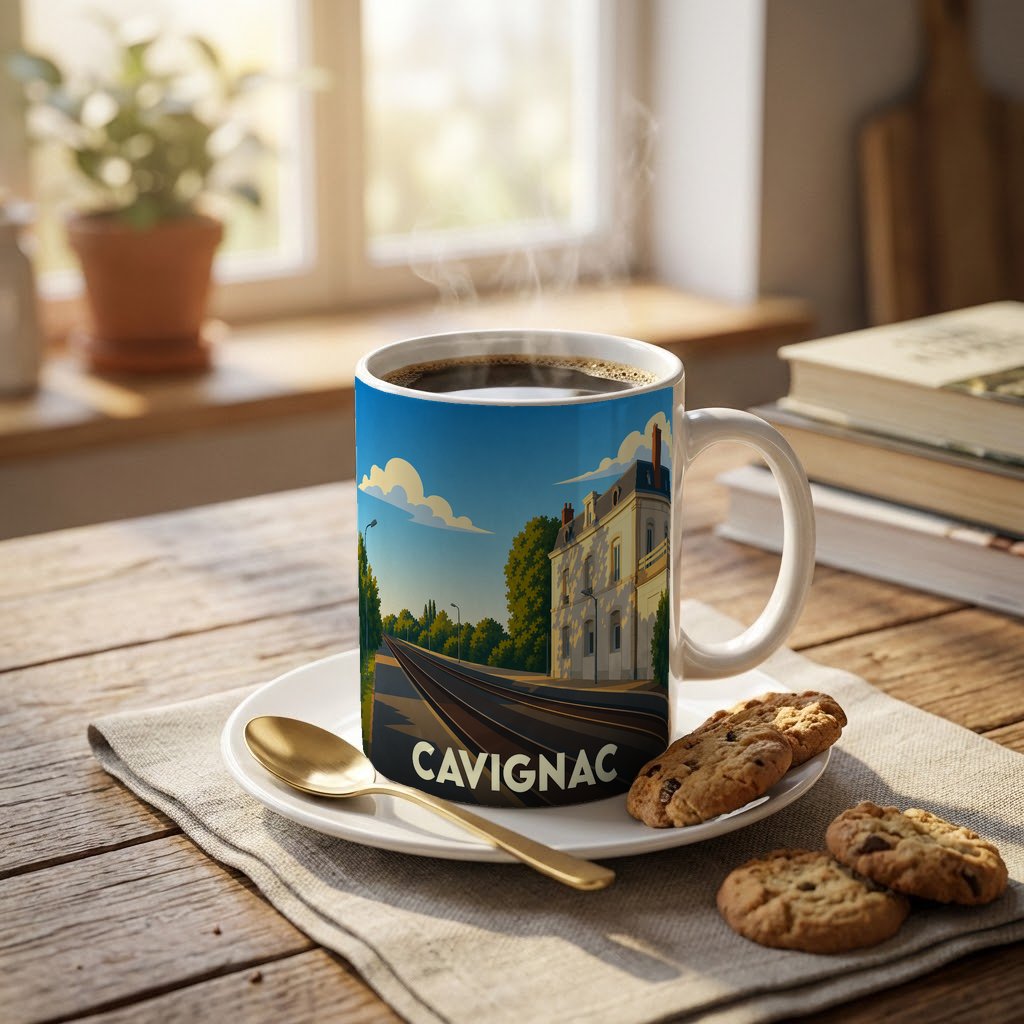 Mug souvenir de la ville de Cavignac avec une illustration stylisée montrant la gare et ses rails sous un ciel bleu.