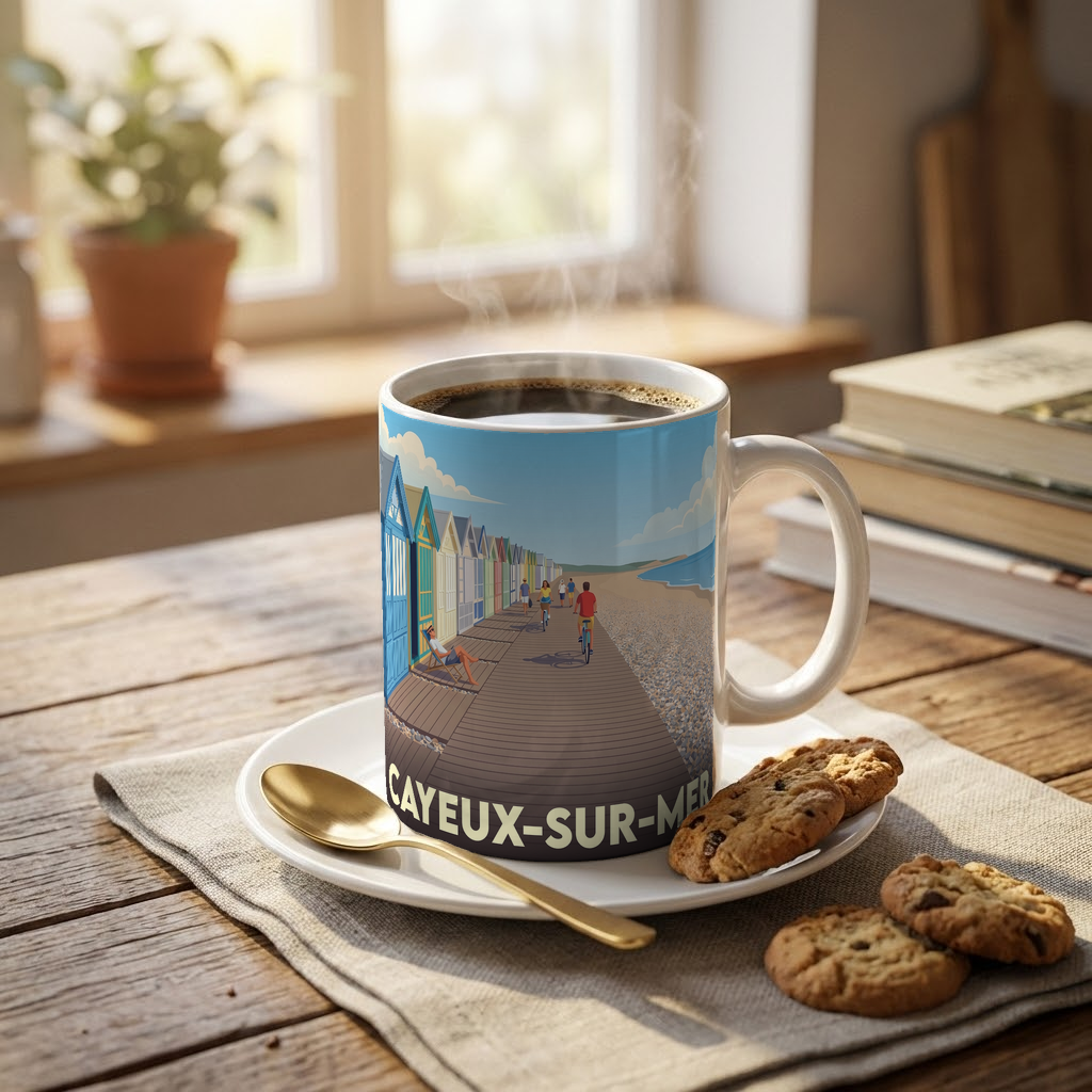 Mug souvenir de la ville de Cayeux-sur-Mer avec une illustration stylisée de son chemin de planches et de ses cabines de plage.