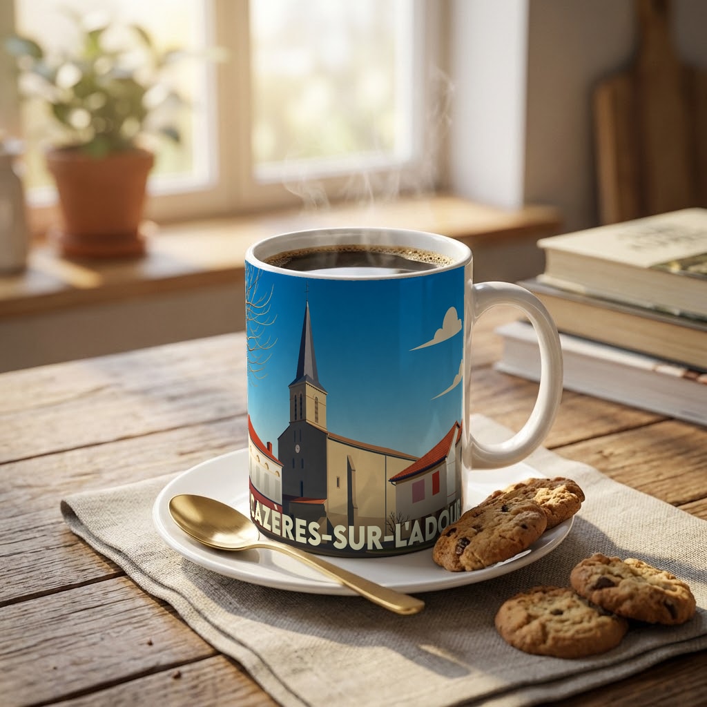 Mug souvenir de la ville de Cazères-sur-l'Adour avec une illustration stylisée de son église.