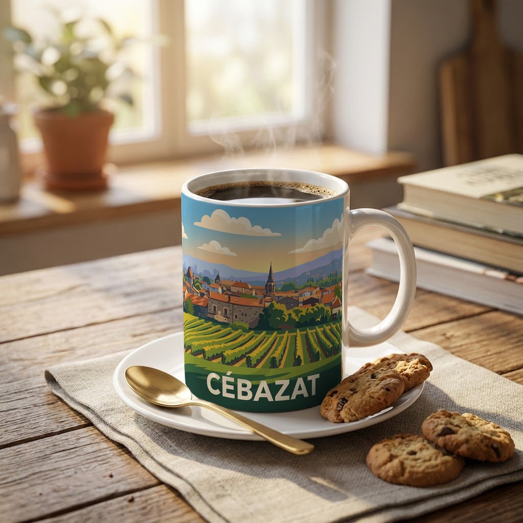 Mug souvenir de la ville de Cébazat avec une illustration stylisée.