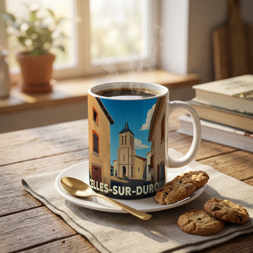 Mug souvenir de la ville de Celles-sur-Durolle avec une illustration stylisée de son église.