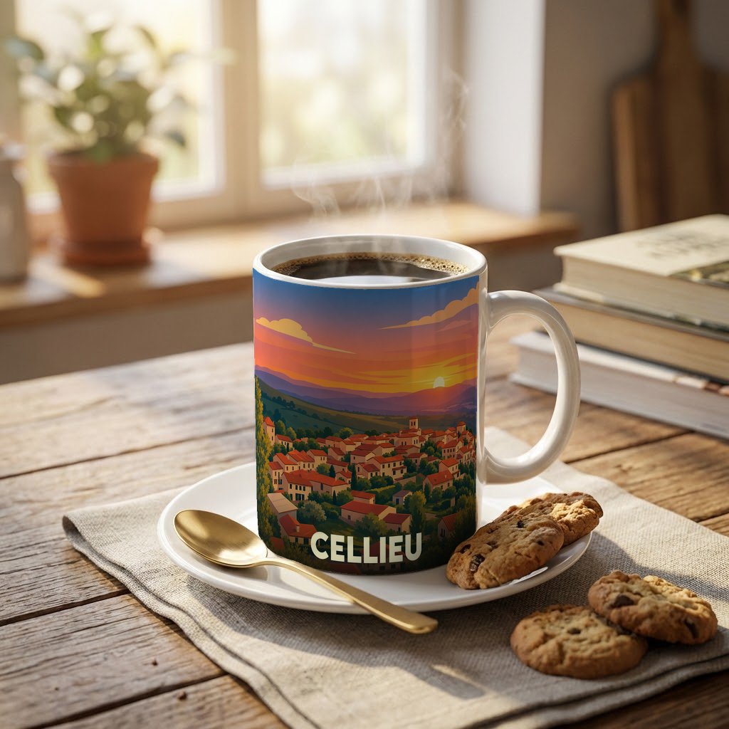 Mug souvenir de la ville de Cellieu orné d'une illustration stylisée d'un paysage urbain au coucher du soleil.