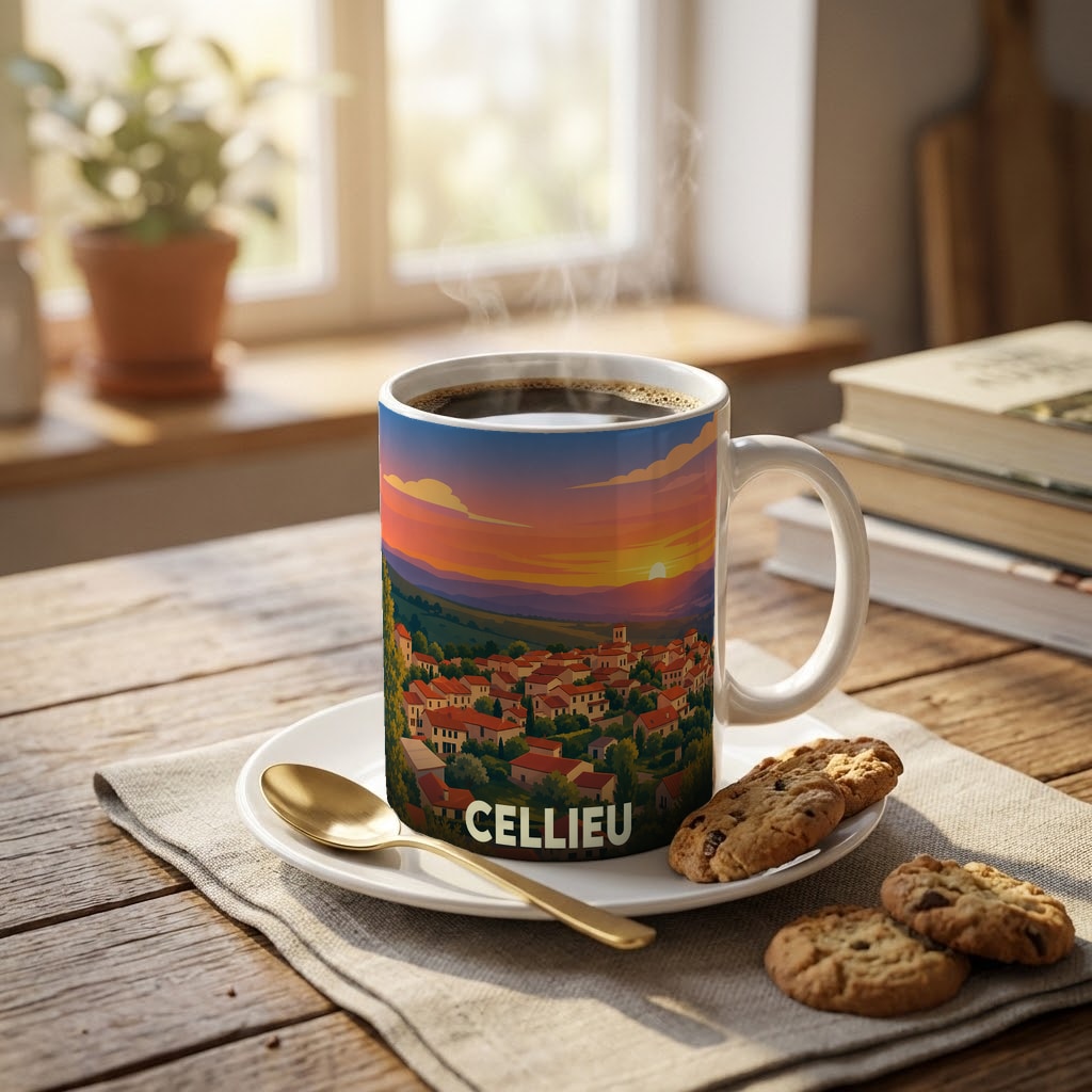 Mug souvenir de la ville de Cellieu orné d'une illustration stylisée d'un paysage urbain au coucher du soleil.