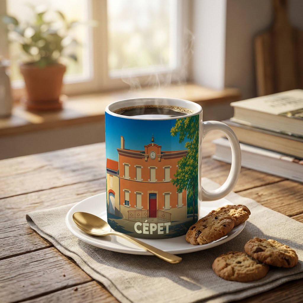 Mug souvenir de la ville de Cépet avec une illustration stylisée de sa mairie.