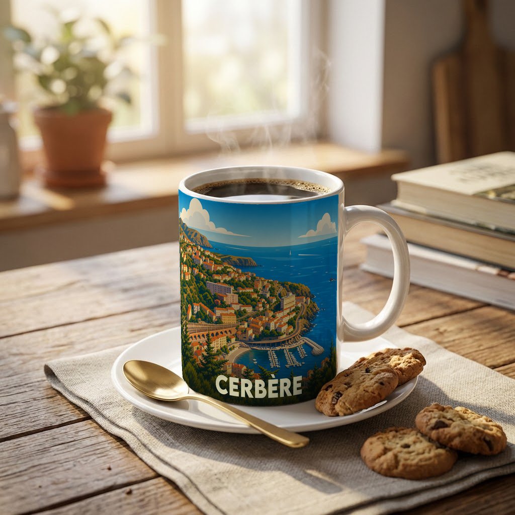 Mug souvenir de la ville de Cerbère avec une illustration stylisée du bord de mer.