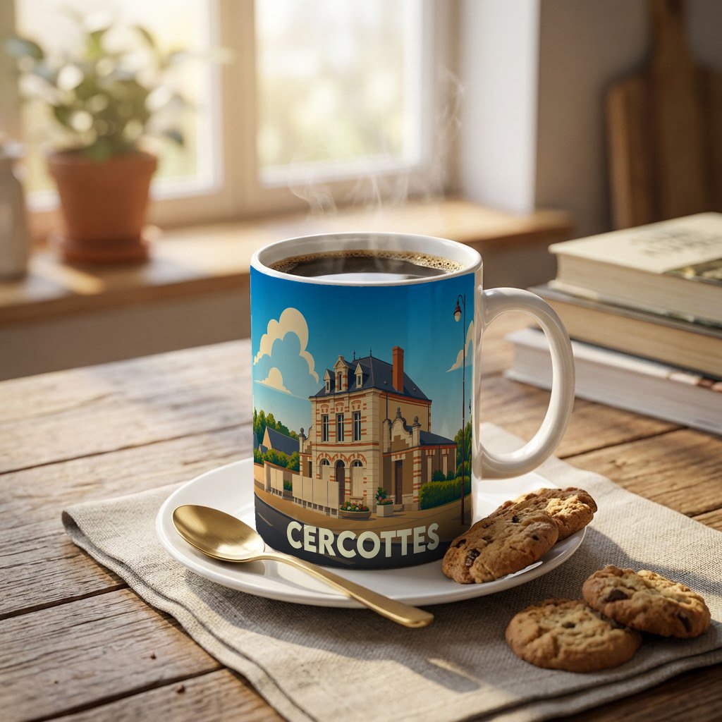 Mug souvenir de la ville de Cercottes orné d'une illustration stylisée de son architecture locale.