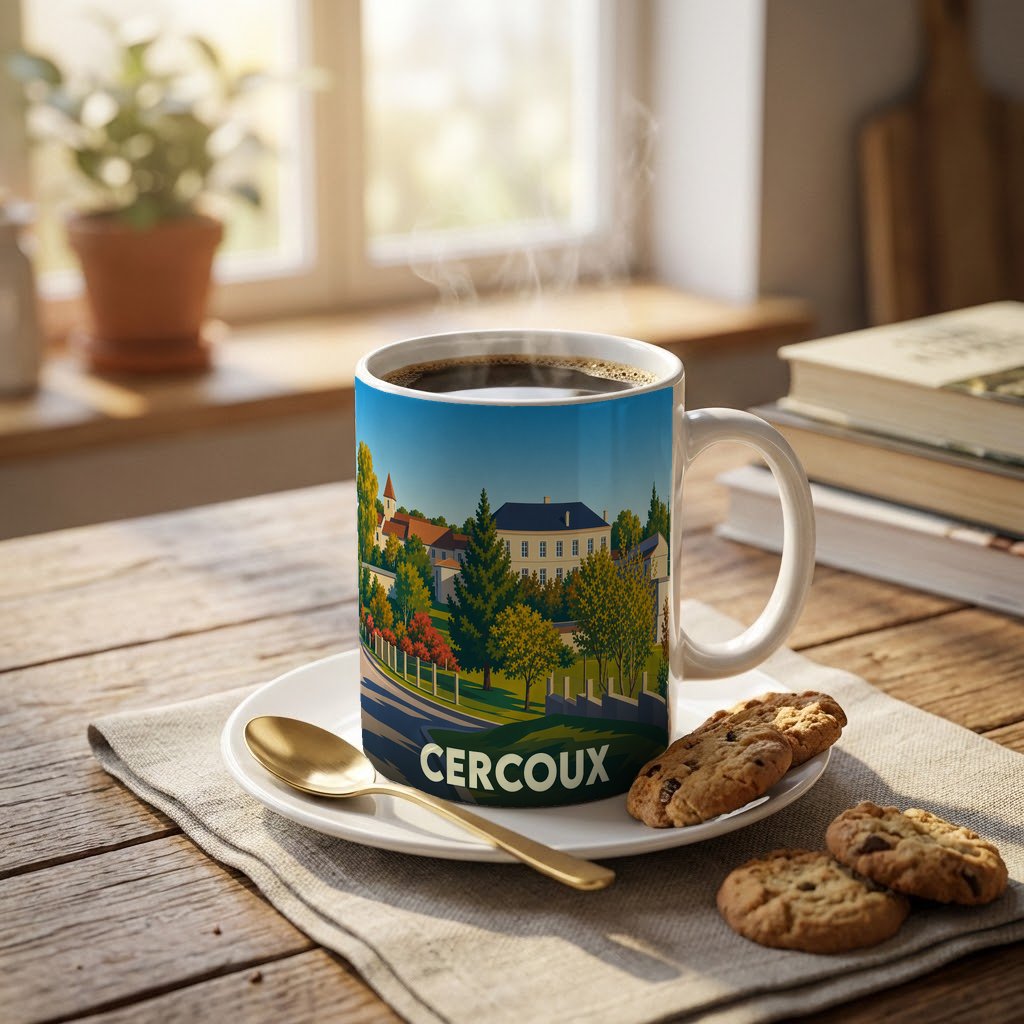 Mug souvenir de la ville de Cercoux avec une illustration paysagère stylisée.