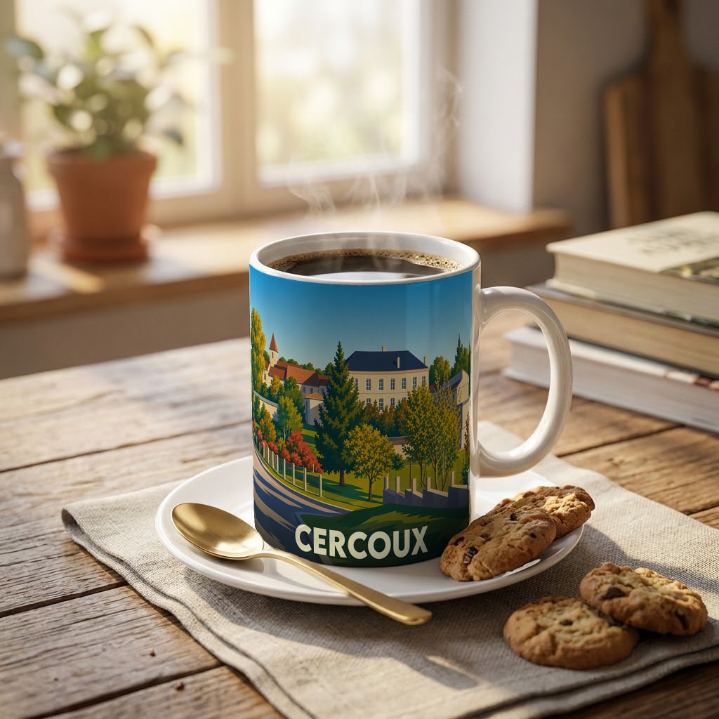 Mug souvenir de la ville de Cercoux avec une illustration paysagère stylisée.
