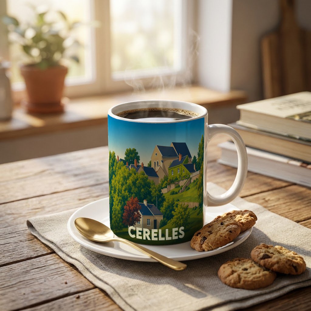 Mug souvenir de la ville de Cerelles avec une illustration de ses habitations et paysages verdoyants.
