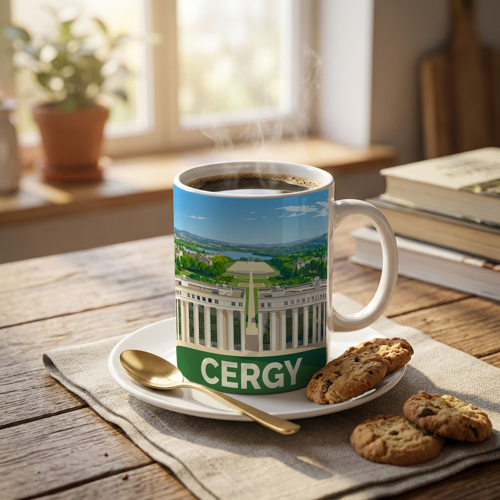 Mug souvenir de la ville de Cergy avec une illustration panoramique stylisée.