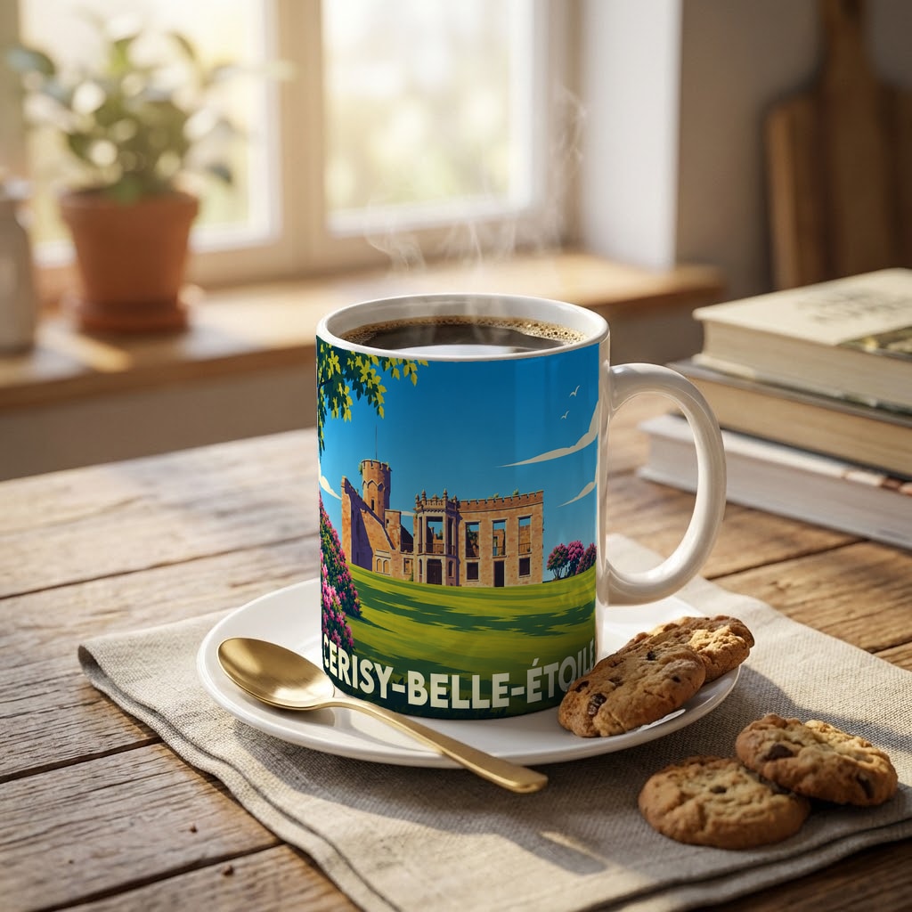 Mug souvenir de la ville de Cerisy-Belle-Étoile illustré d'une vue stylisée de son château et d'un paysage verdoyant.
