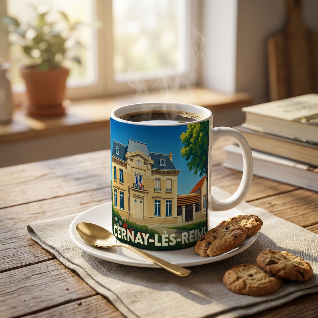 Mug souvenir de la ville de Cernay-lès-Reims avec une illustration stylisée de sa mairie.