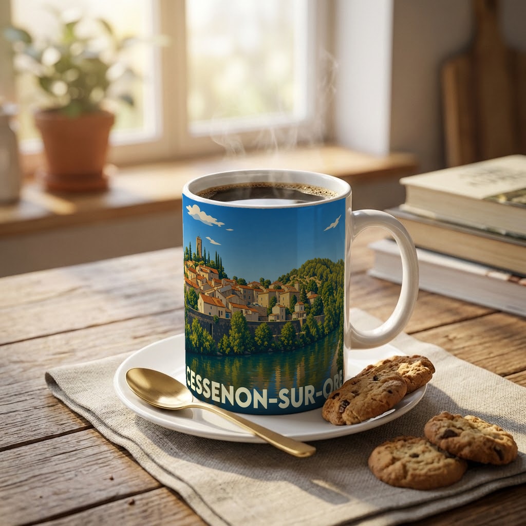 Mug souvenir de la ville de Cessenon-sur-Orb illustré d'un paysage pittoresque au bord de l'eau.