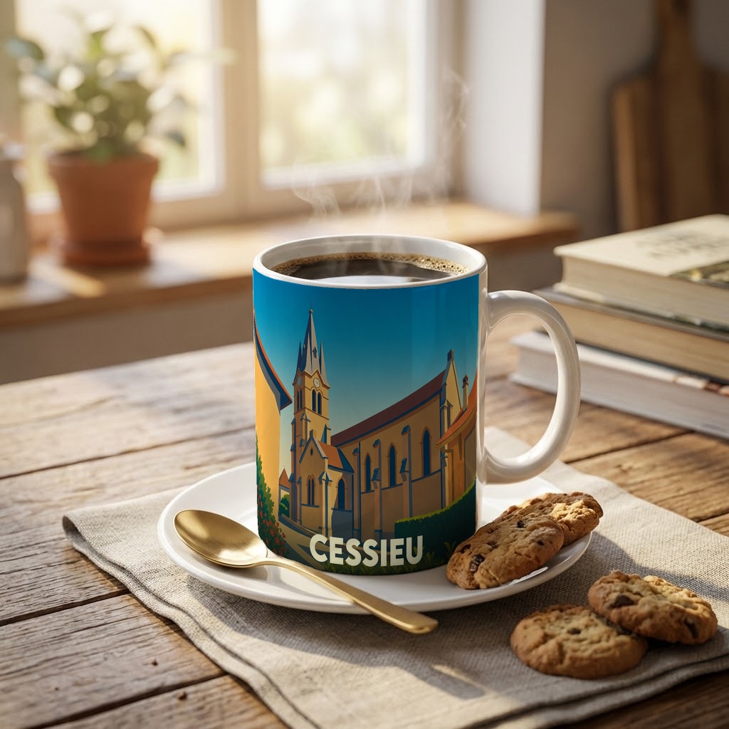 Mug souvenir de la ville de Cessieu avec une illustration stylisée de son église sous un ciel bleu.