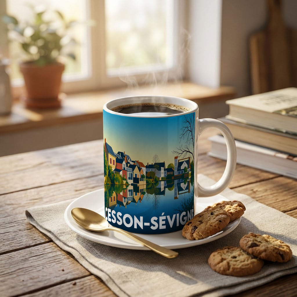 Mug souvenir de la ville de Cesson-Sévigné avec une illustration stylisée.
