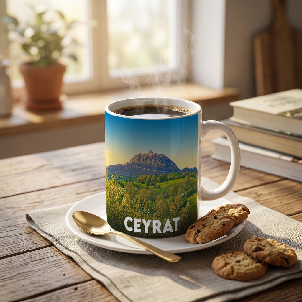 Mug souvenir de la ville de Ceyrat illustré par un paysage de montagne verdoyant au lever du soleil.