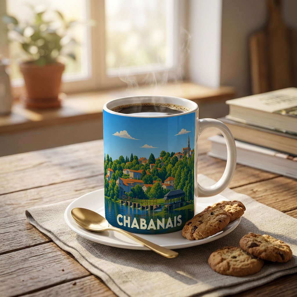 Mug souvenir de la ville de Chabanais orné d'une illustration stylisée de son paysage fluvial.