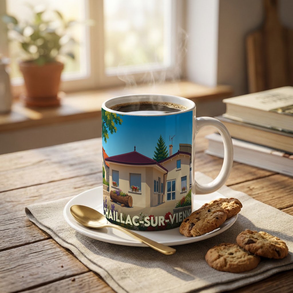 Mug souvenir de la ville de Chaillac-sur-Vienne orné d'une illustration colorée et stylisée de maisons locales.