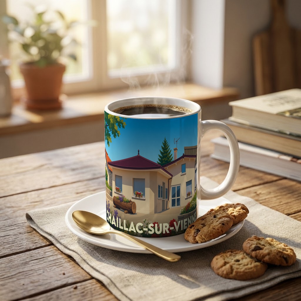 Mug souvenir de la ville de Chaillac-sur-Vienne orné d'une illustration colorée et stylisée de maisons locales.