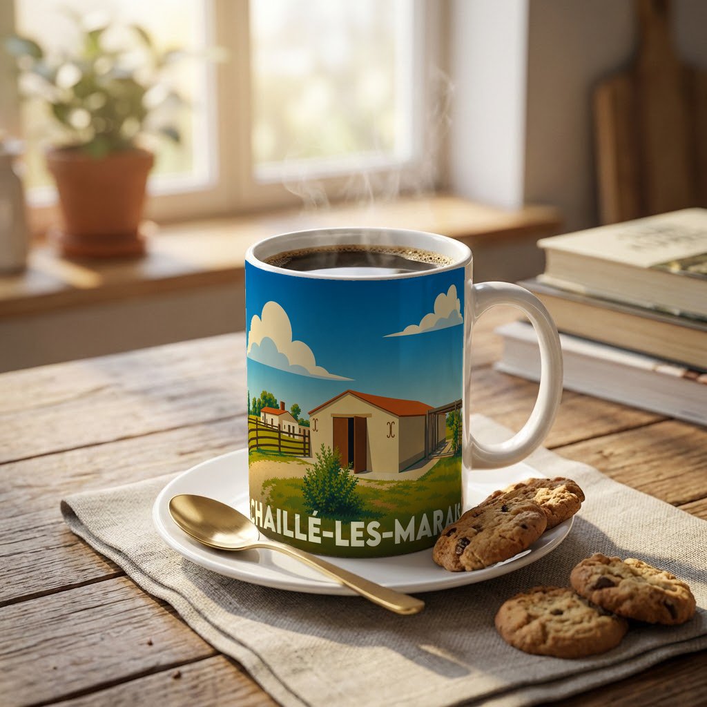 Mug souvenir de la ville de Chaillé-les-Marais orné d'une illustration champêtre stylisée.